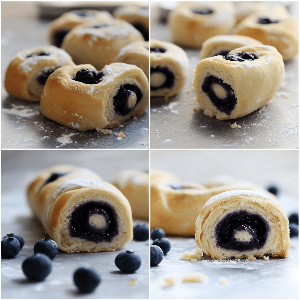 Four panel collage showing the steps for making blueberry sweet rolls