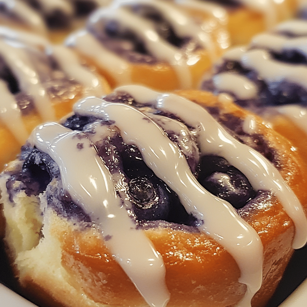 A fresh blueberry sweet roll topped with a glaze