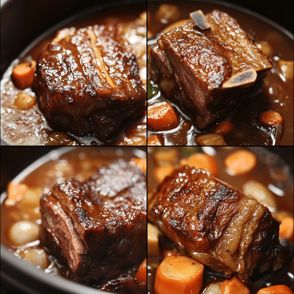 Four panel collage showing the steps for making braised short ribs