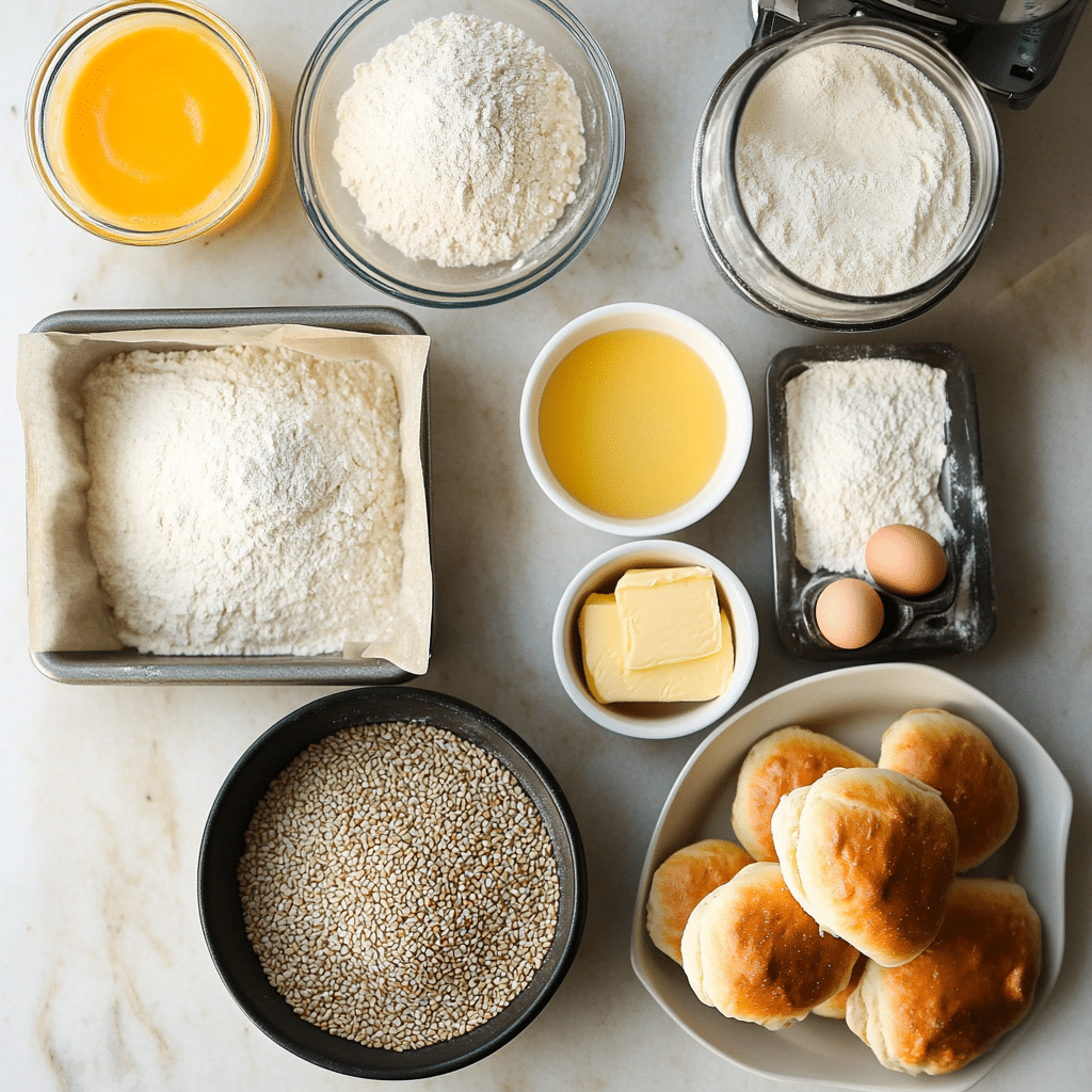 ingredients for brioche buns including flour yeast milk eggs butter sugar salt and sesame seeds