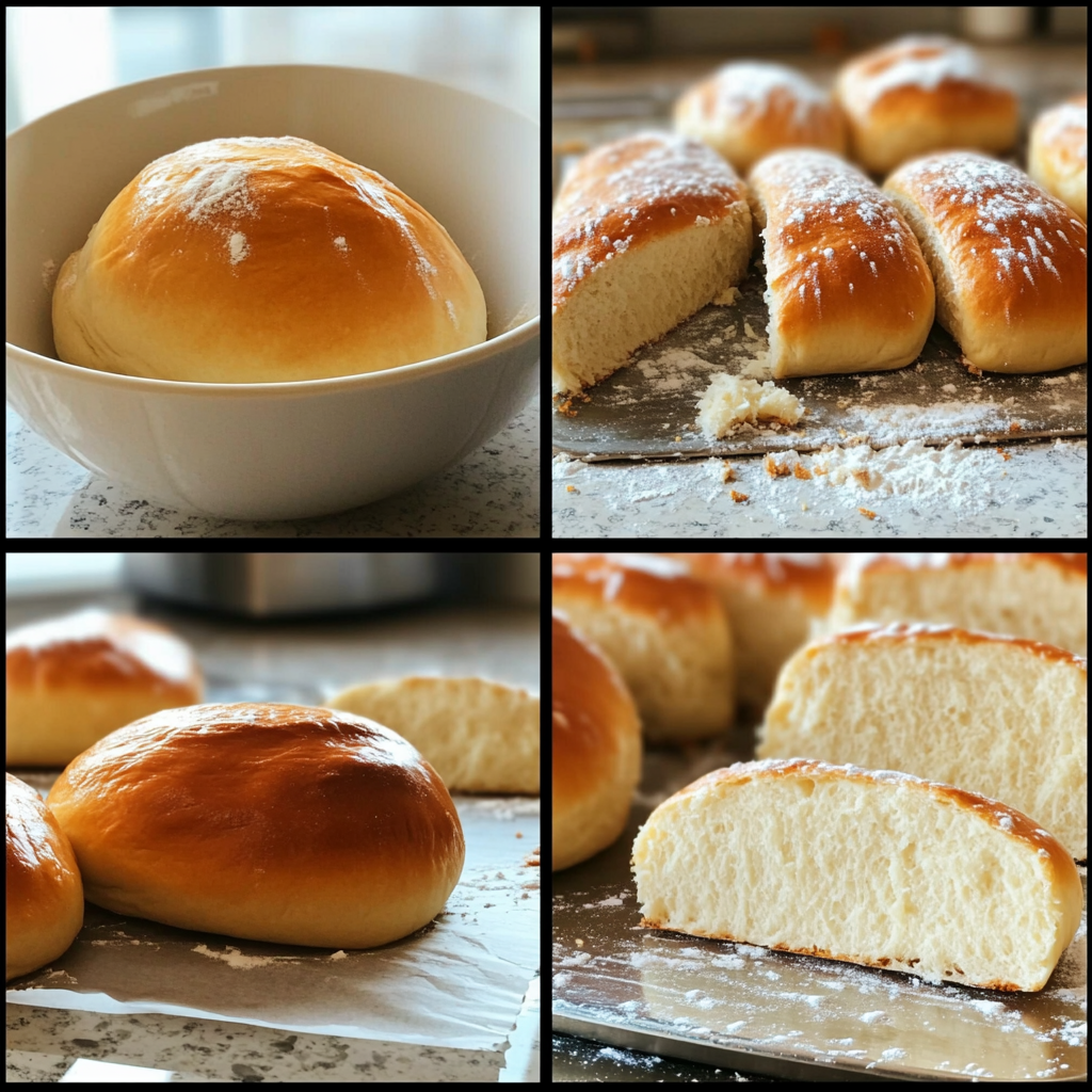 four panel collage showing steps to make brioche buns