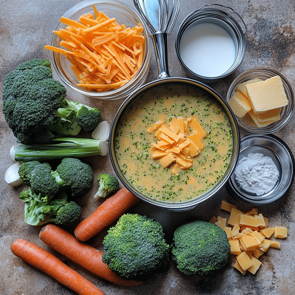 ingredients for broccoli cheddar soup including broccoli carrots onion broth milk butter flour and cheddar cheese