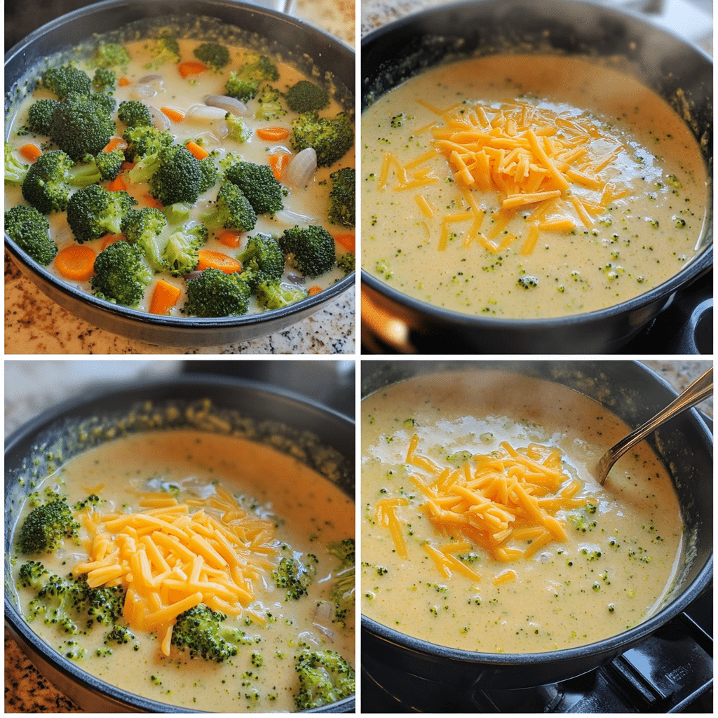 four panel collage showing steps to make broccoli cheddar soup