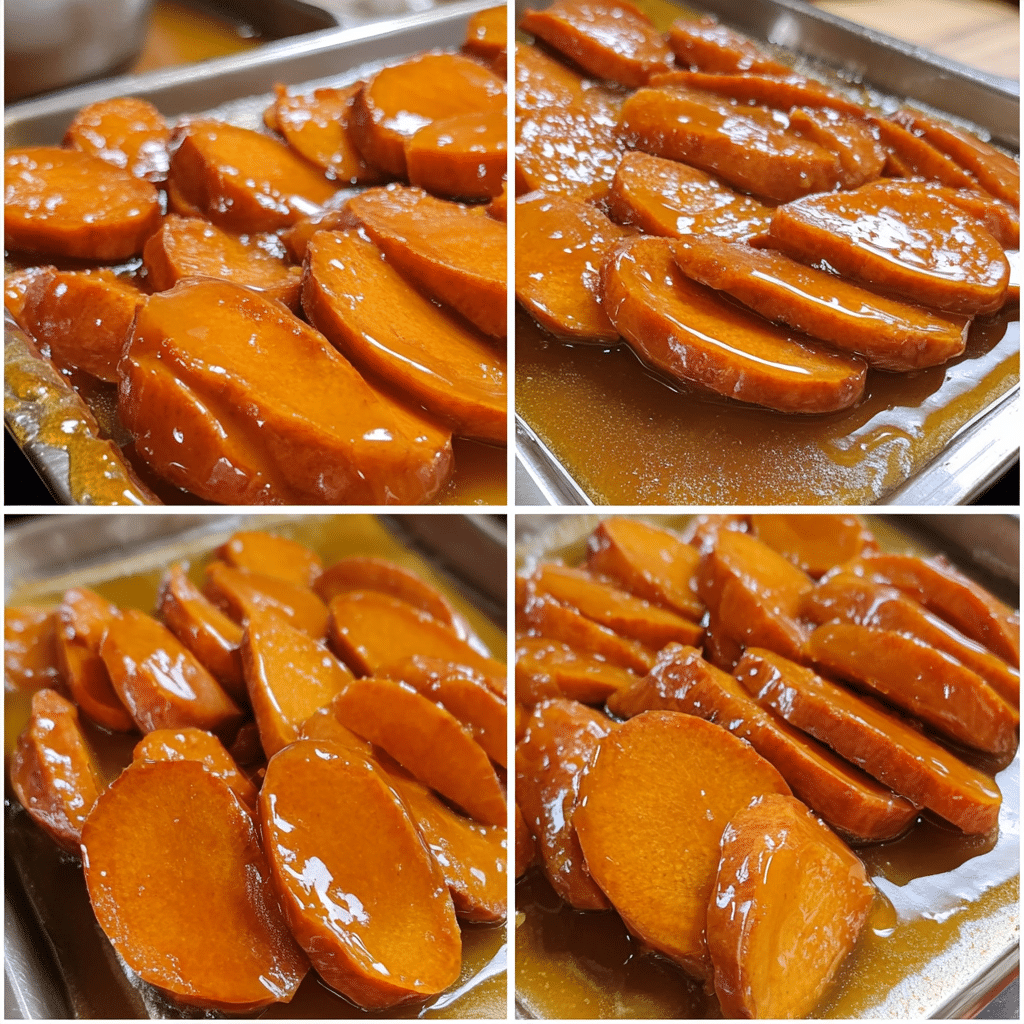 Four-panel collage showing the process of making candied yams