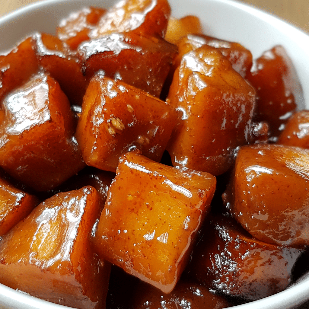 Close-up of candied yams with caramelized edges and a glossy glaze
