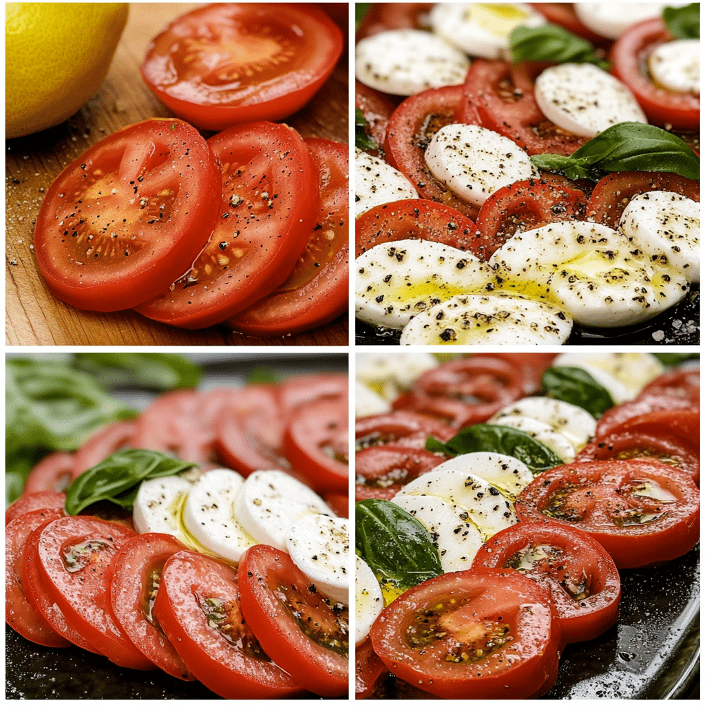Four-panel collage showing tomatoes and mozzarella sliced and arranged with basil and olive oil
