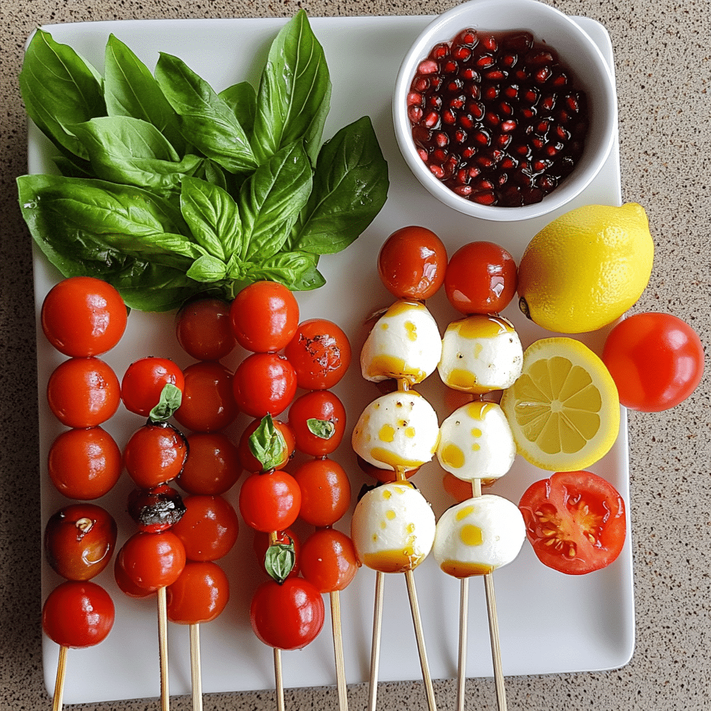 Cherry tomatoes, mozzarella pearls, basil, skewers, olive oil, lemon, honey, and pomegranate molasses on a counter
