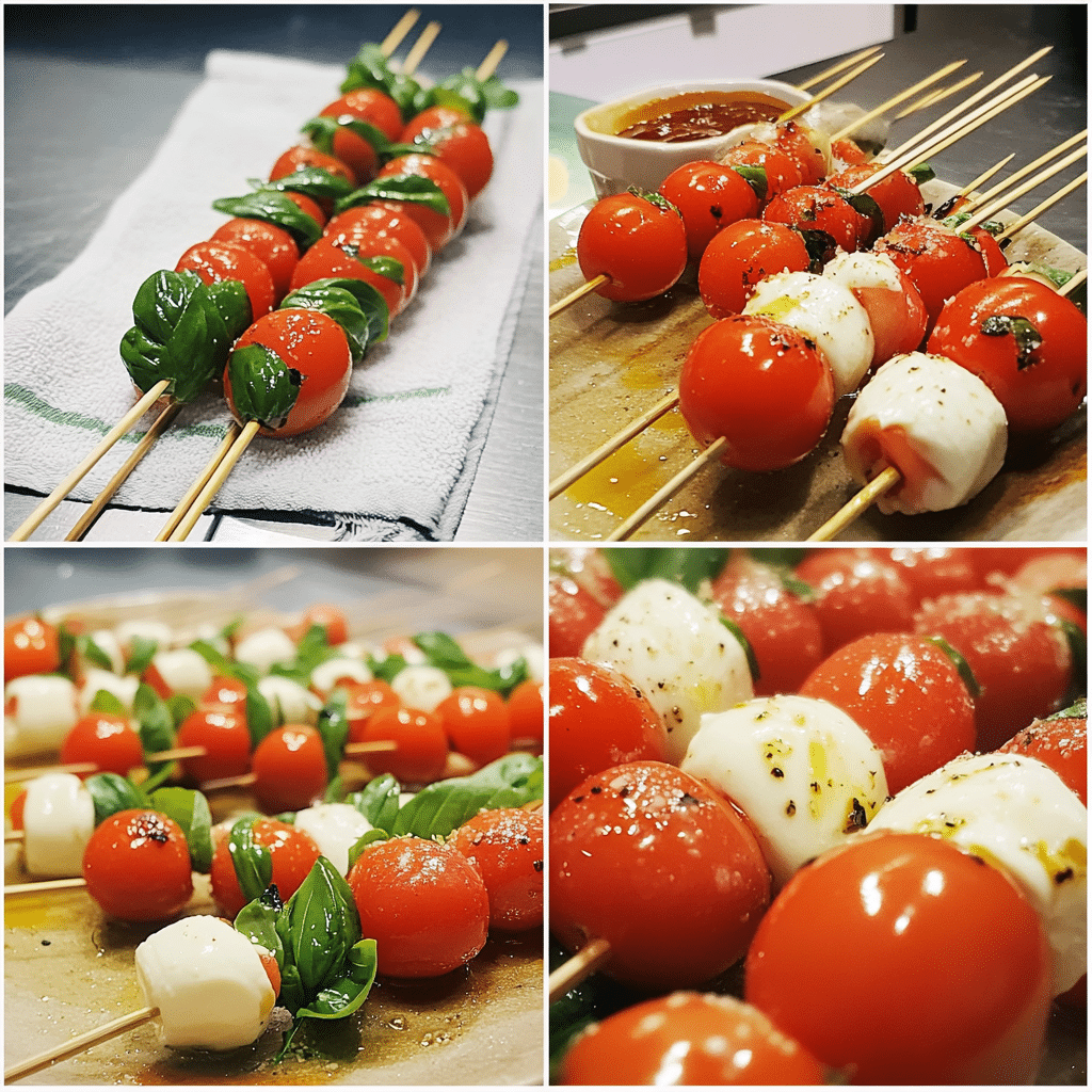 Four panel collage showing rinsing ingredients, threading skewers, whisking drizzle, and finished caprese skewers on a platter