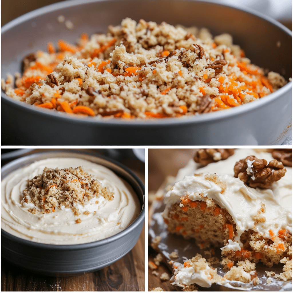 Four panel collage showing the steps for making carrot cake
