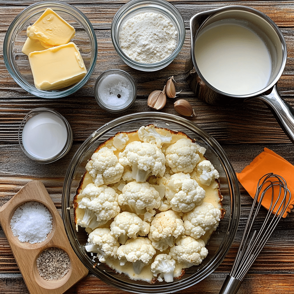 cauliflower gratin in baking dish with golden cheese topping and creamy sauce