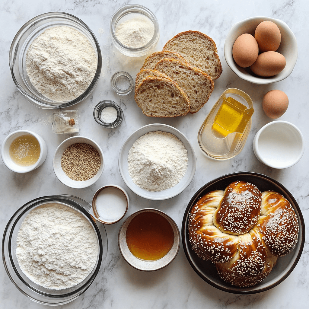 ingredients for challah bread including flour yeast sugar salt eggs oil honey and sesame seeds