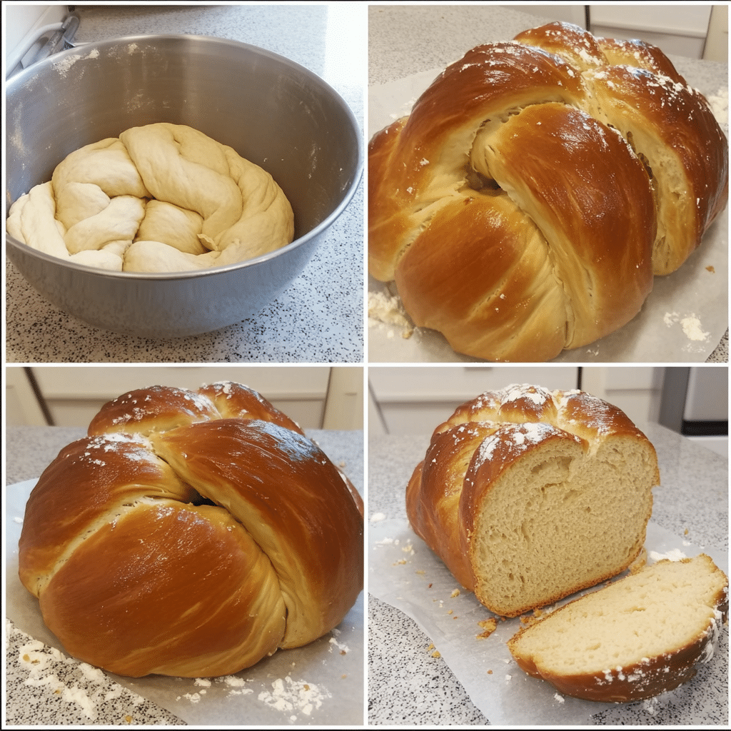 four panel collage showing steps to make braided challah bread