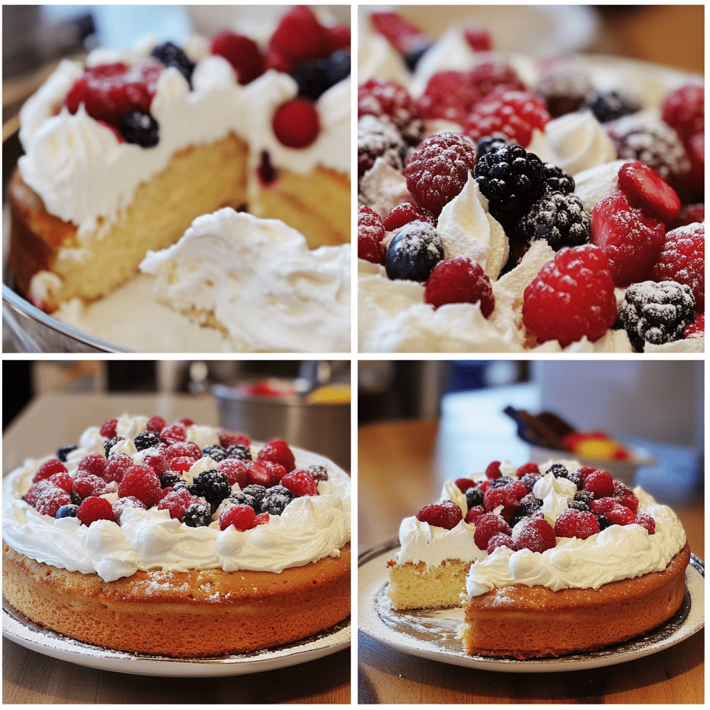 Four panel collage showing the steps for making chantilly cake