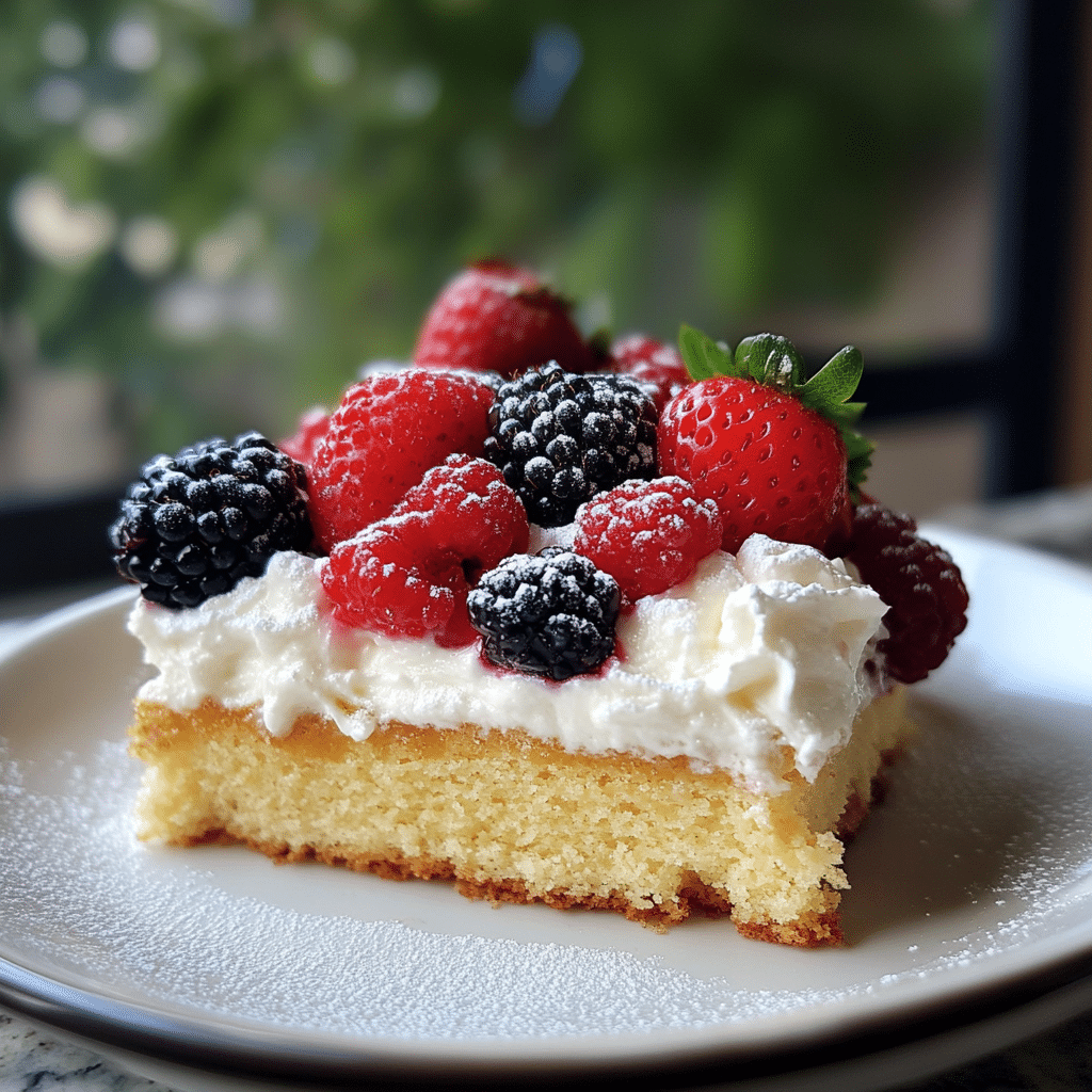 A slice of chantilly cake with berries and whipped cream