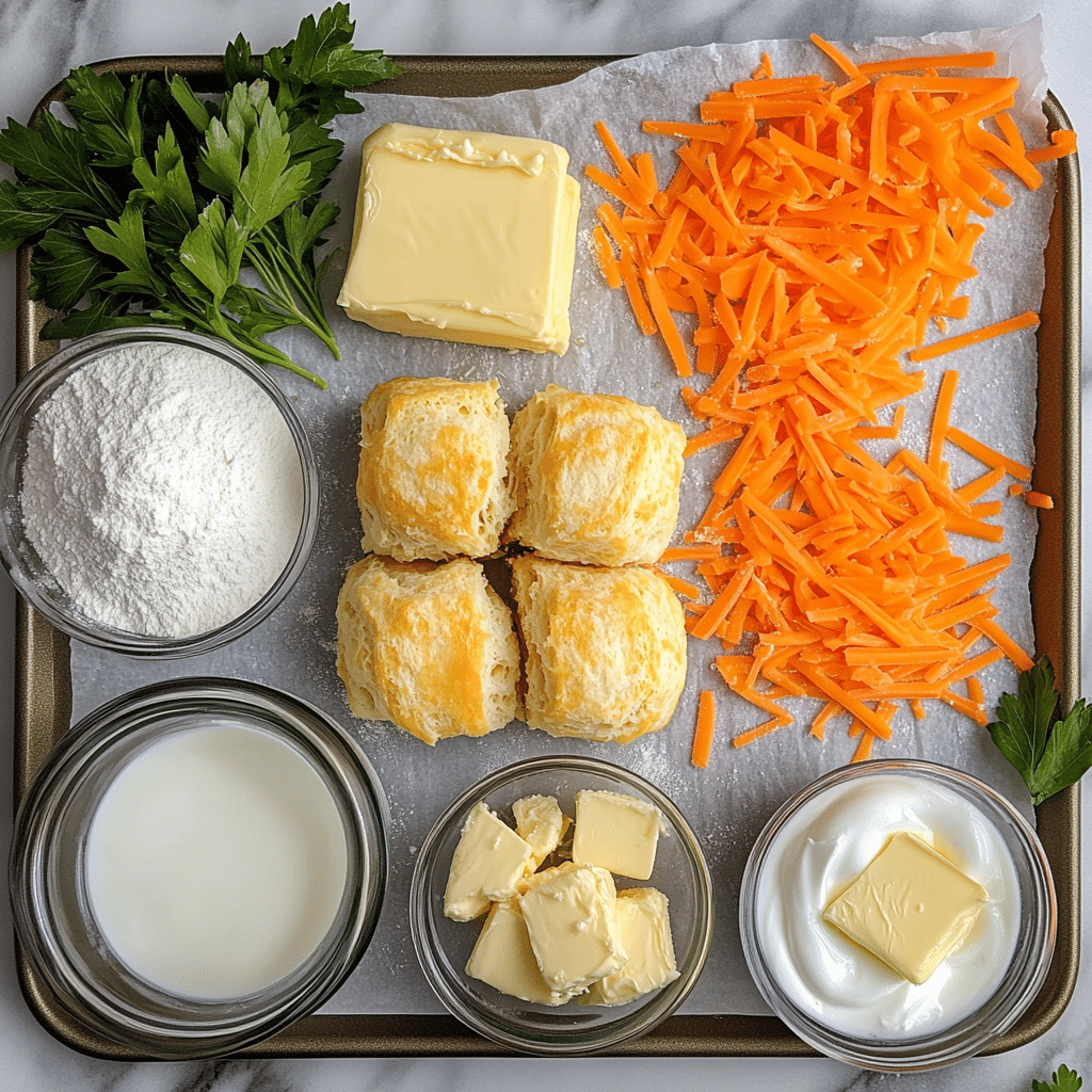 ingredients for cheddar bay biscuits including flour cold butter cheddar milk sour cream garlic powder and parsley