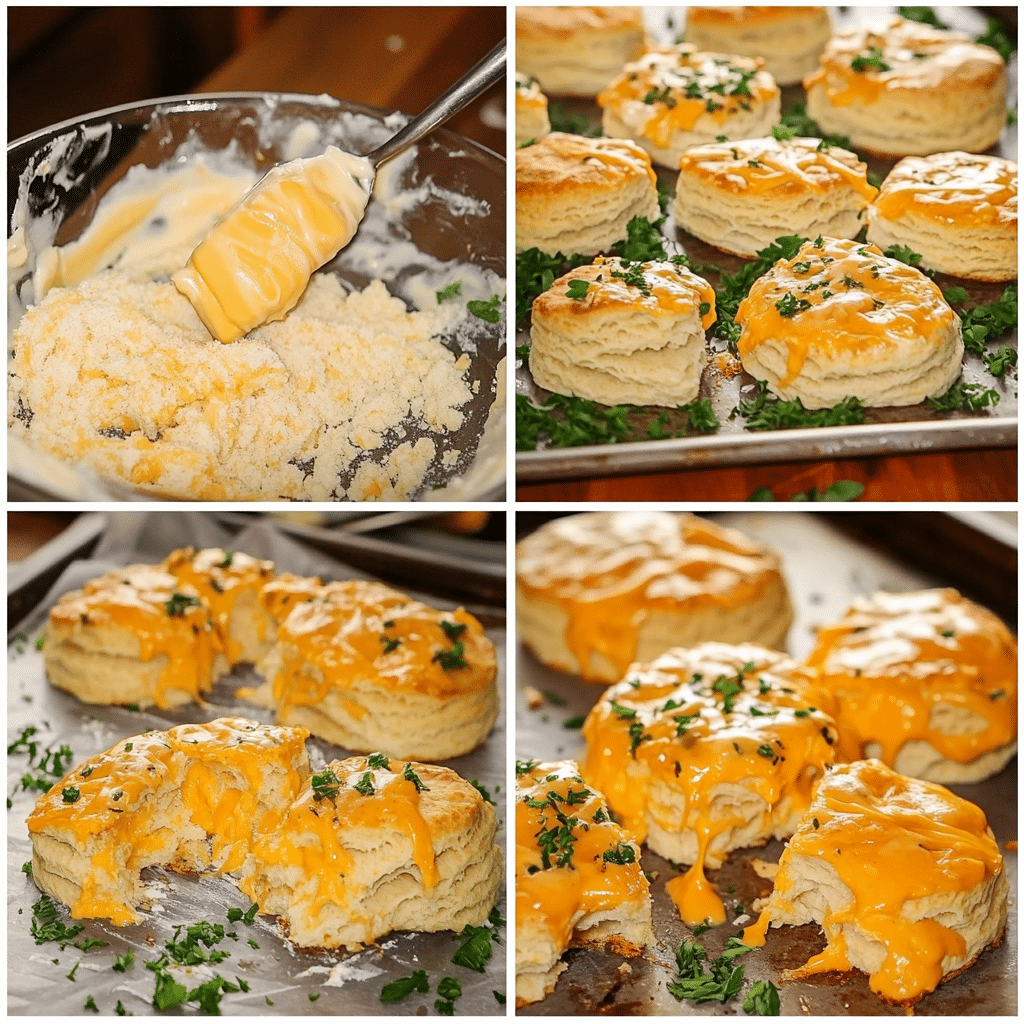 four panel collage showing steps to make copycat cheddar bay biscuits