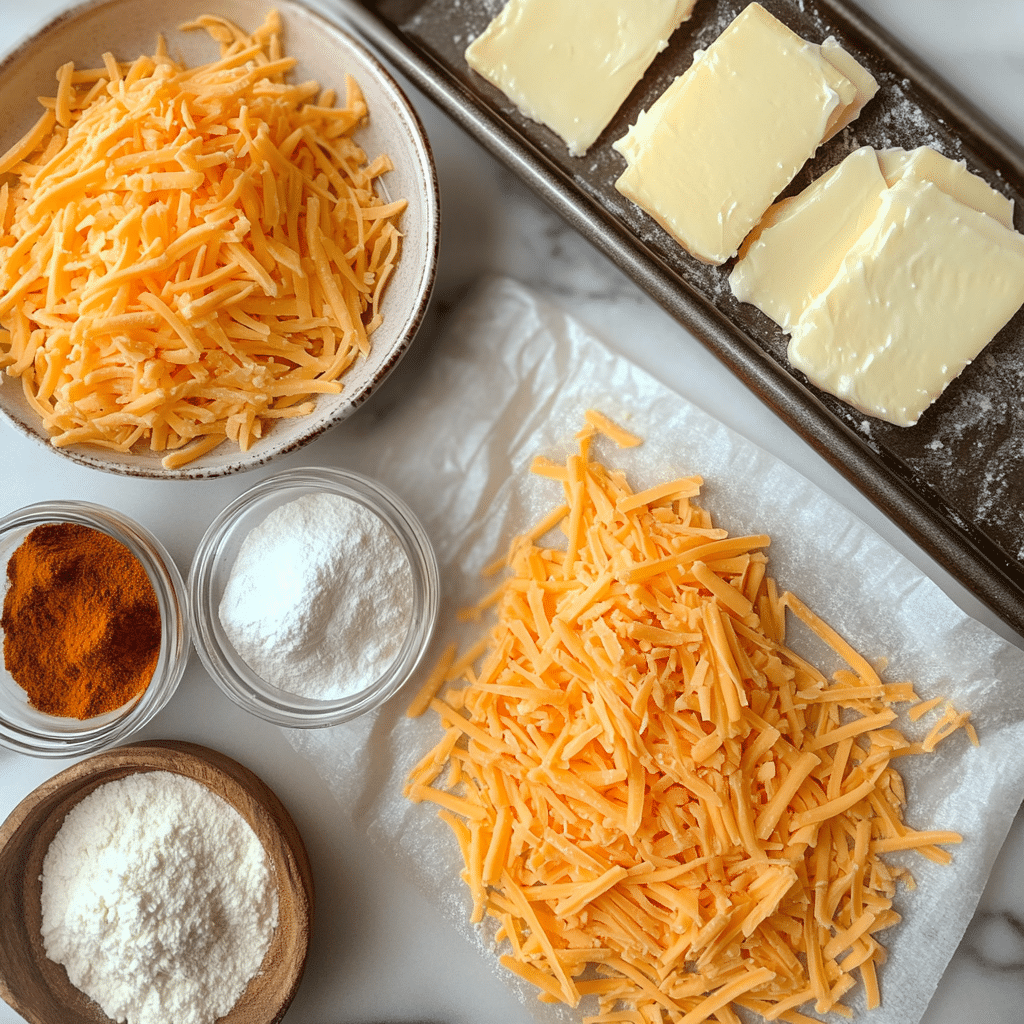 Shredded cheddar, flour, butter, and seasonings on a counter for cheese straws