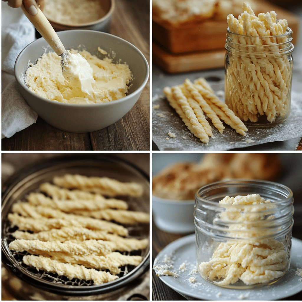 Four panel collage showing mixing dough, pressing onto tray, cooling baked cheese straws, and serving in a jar