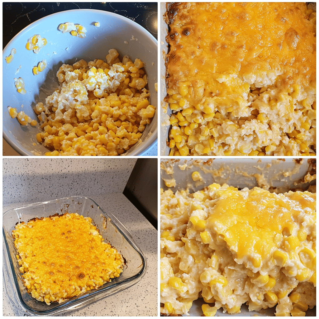 Four-panel collage showing the process of making cheesy corn casserole