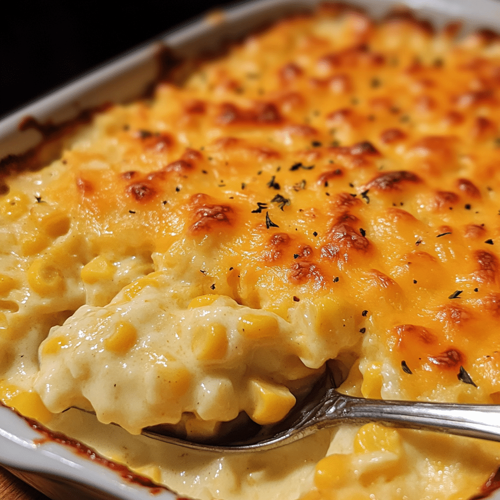 Close-up of cheesy corn casserole with a spoon scooping out a portion