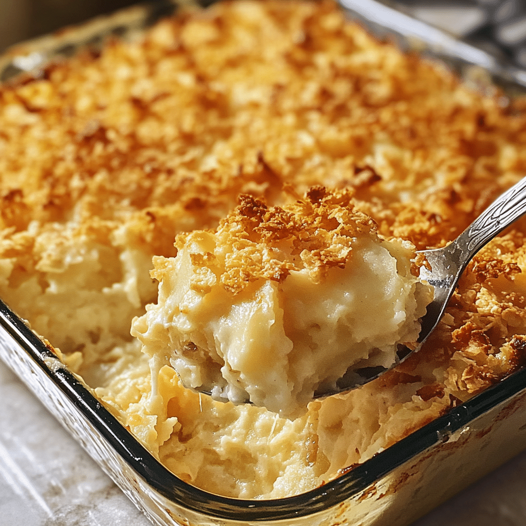 funeral potatoes casserole with crunchy topping in baking dish