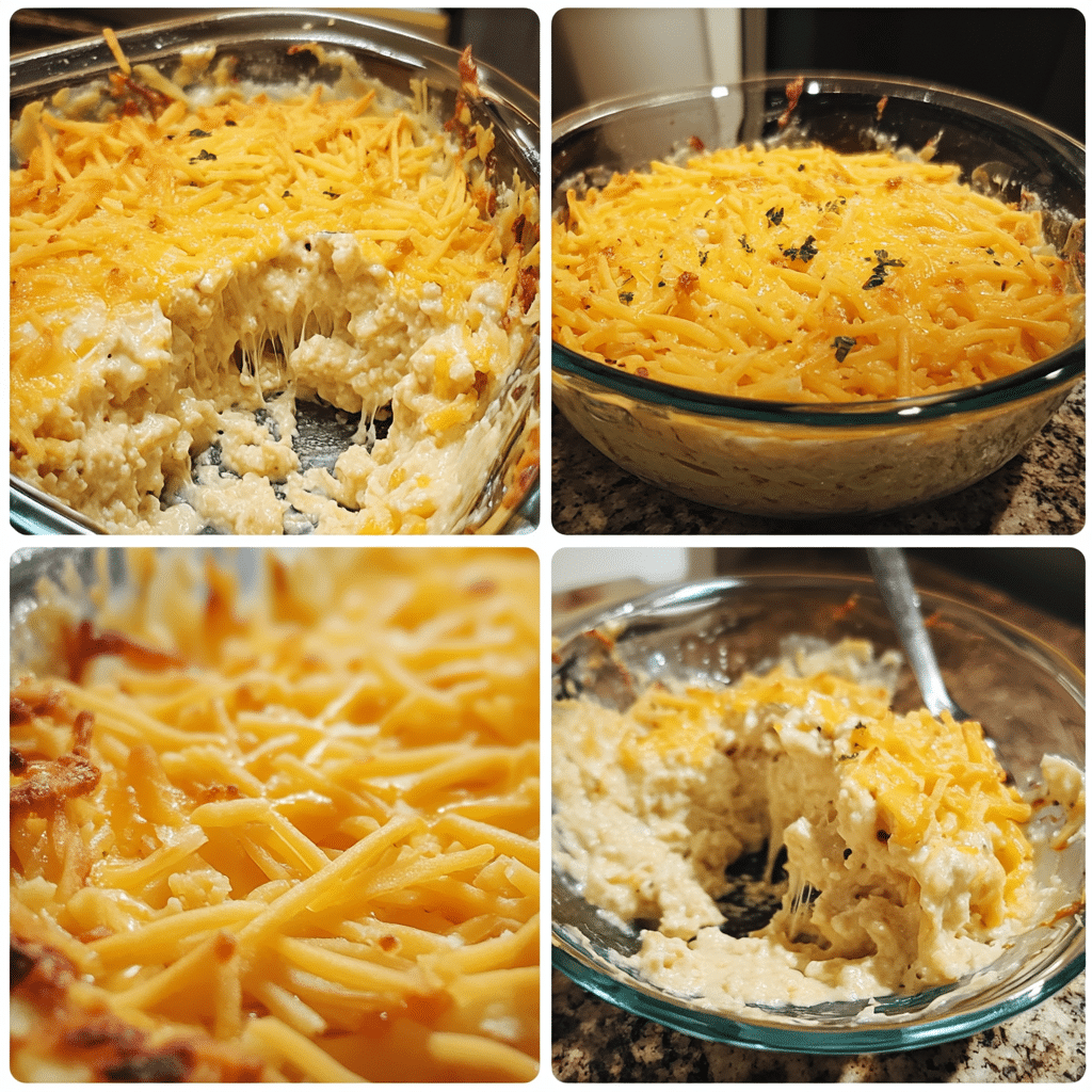 Four panel collage showing the steps for making cheesy hashbrown casserole