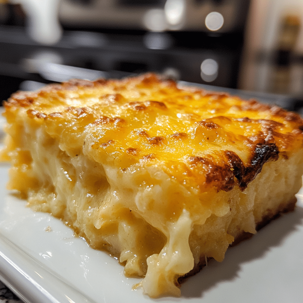 A slice of cheesy hashbrown casserole with a golden cheese crust