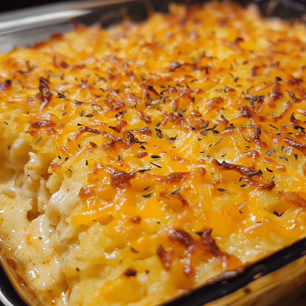 A golden hashbrown casserole with melted cheese