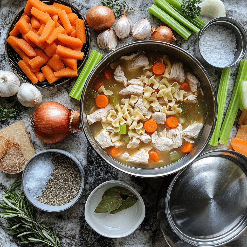 ingredients for chicken noodle soup including chicken pieces broth noodles carrots celery onion and herbs