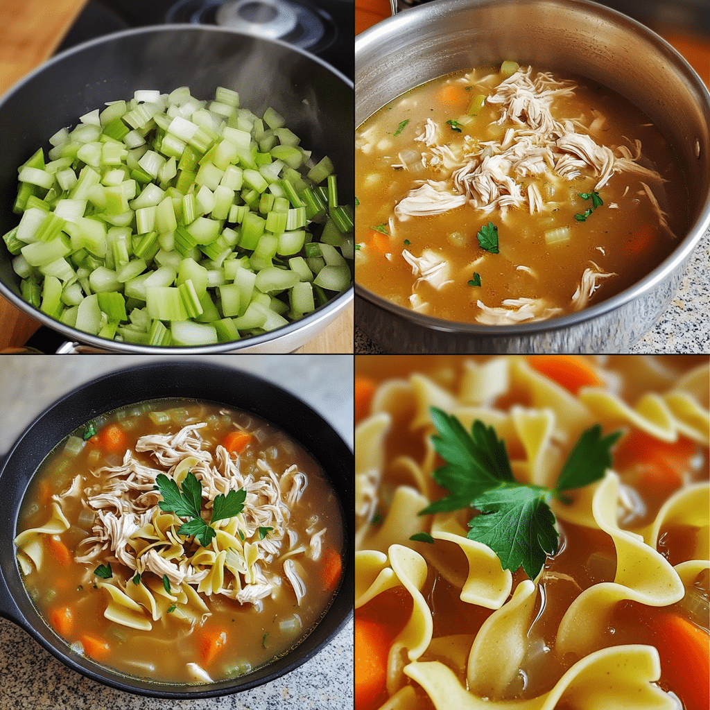 four panel collage showing steps to make chicken noodle soup