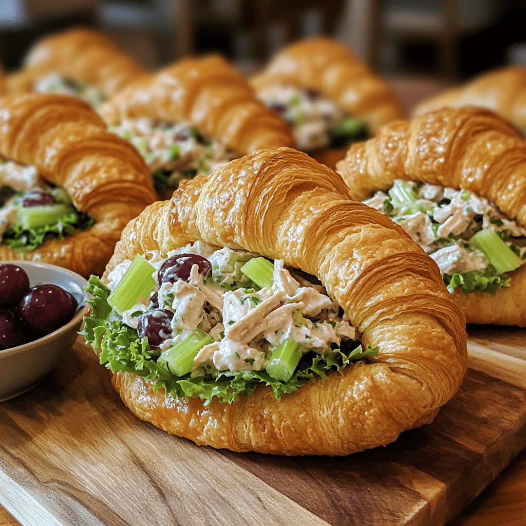 Croissant sandwiches filled with creamy chicken salad, celery, and grapes on a wooden board