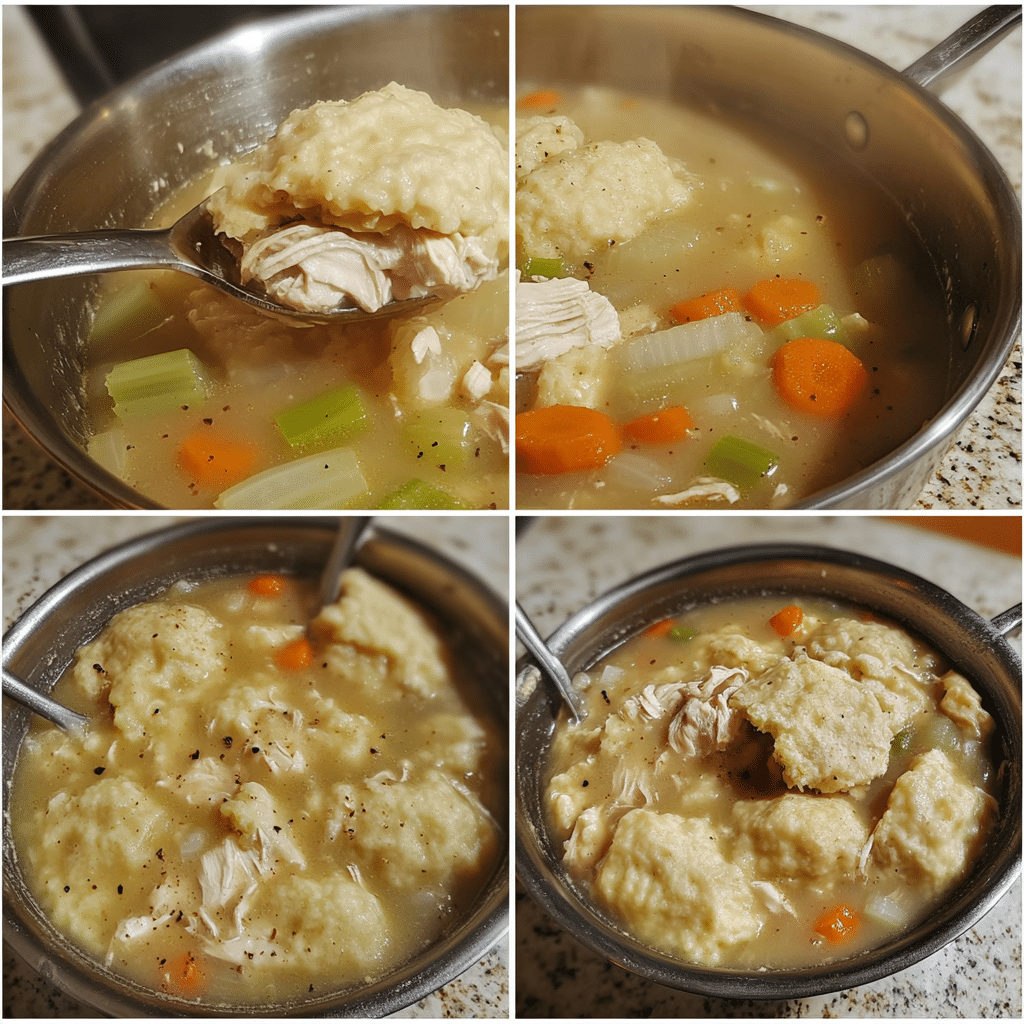 four panel collage showing steps to make chicken and dumplings