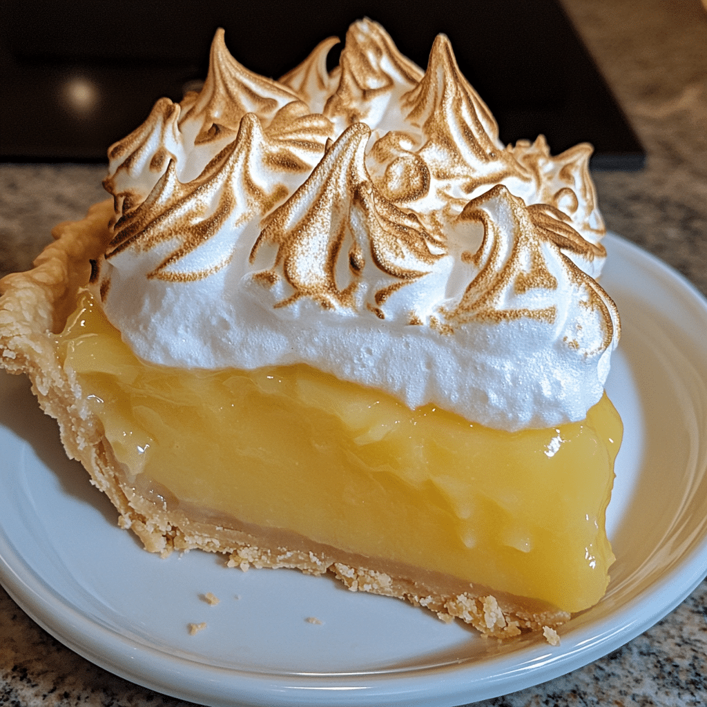 lemon meringue pie with toasted meringue swirls and bright lemon filling in flaky crust