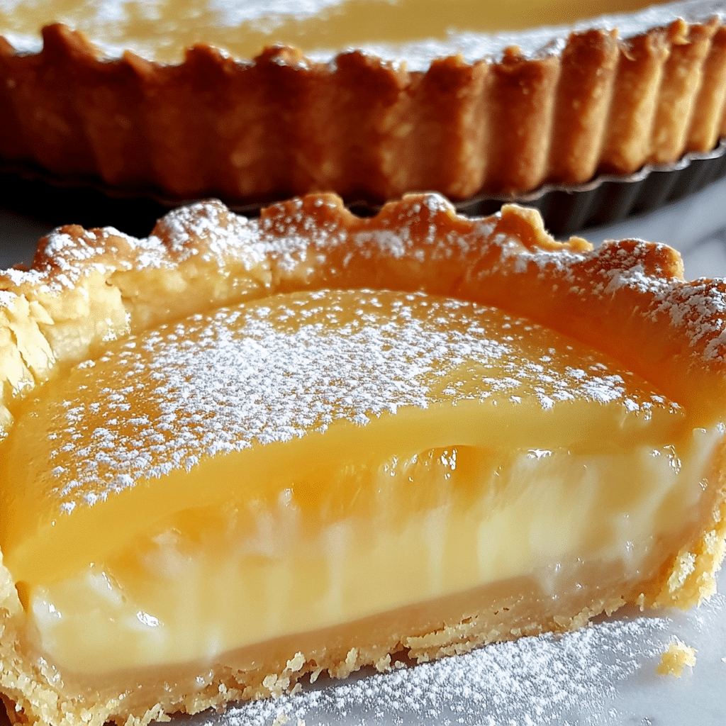 lemon tart in fluted pan with golden crust and smooth lemon filling dusted with powdered sugar