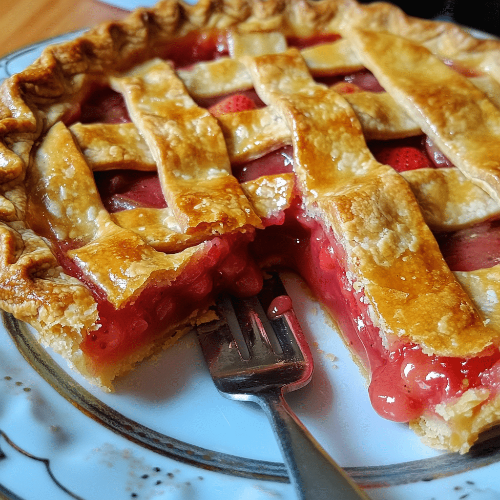 strawberry rhubarb pie with lattice crust and red pink filling sliced