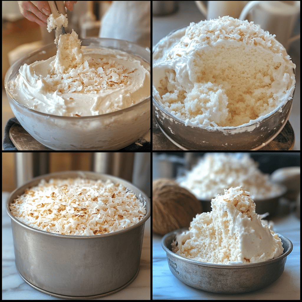 Four panel collage showing the steps for making coconut cake
