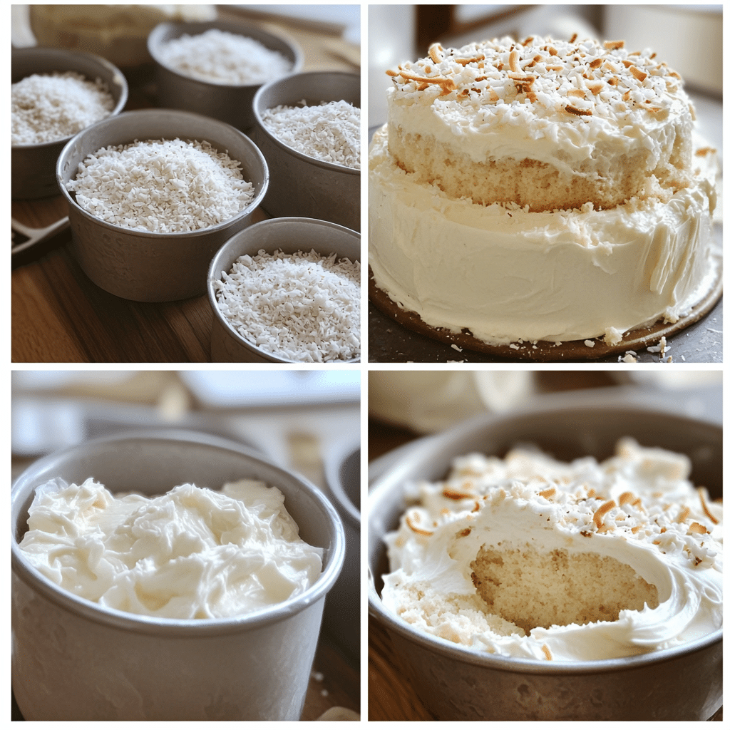 Four panel collage showing the steps for making coconut cream cake