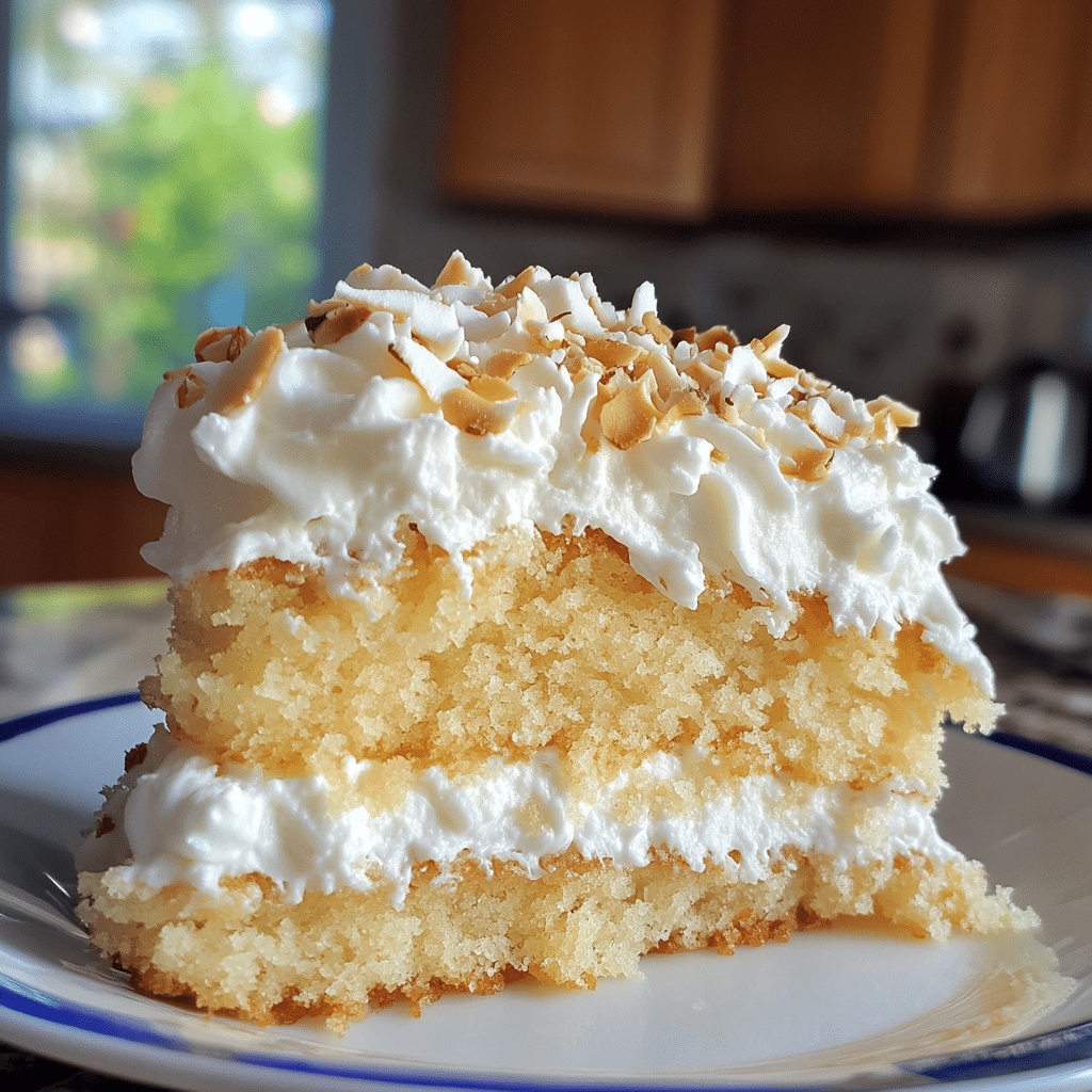 A slice of coconut cream cake with coconut flakes and whipped cream