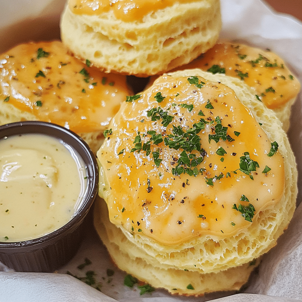 cheddar bay biscuits in a basket with golden tops garlic herb butter and parsley