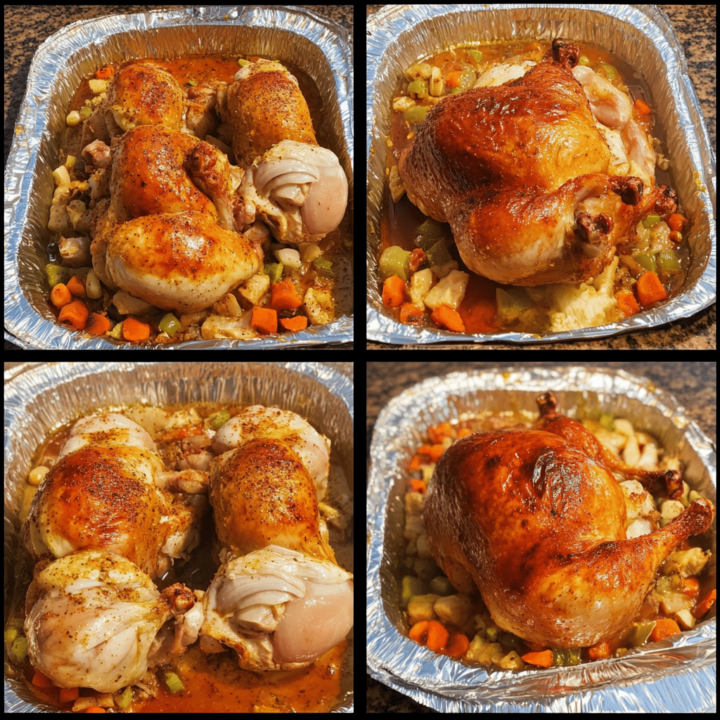 Four panel collage showing the steps for making Cornish game hens