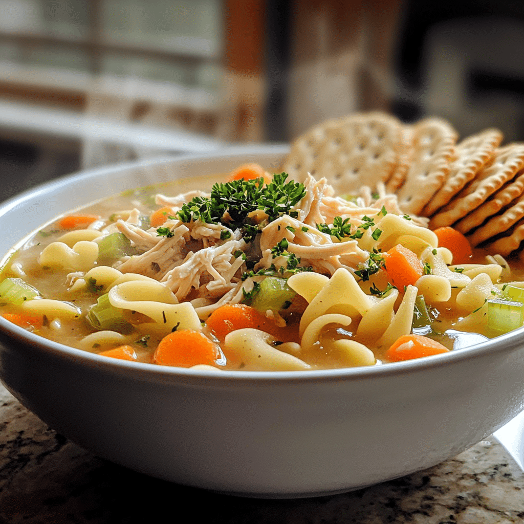 bowl of chicken noodle soup with noodles carrots celery and parsley