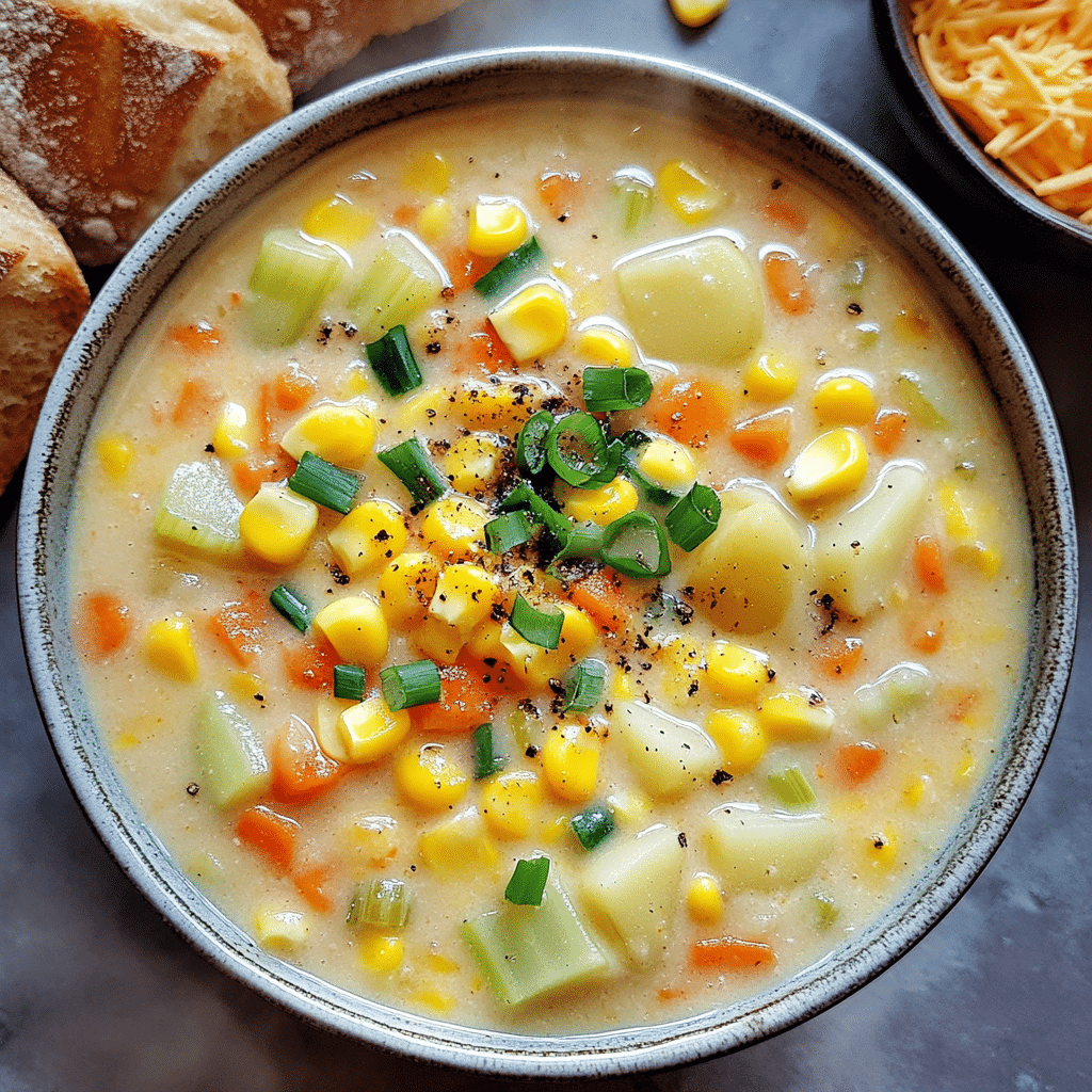 Bowl of vegetarian corn chowder with potatoes corn and green onions