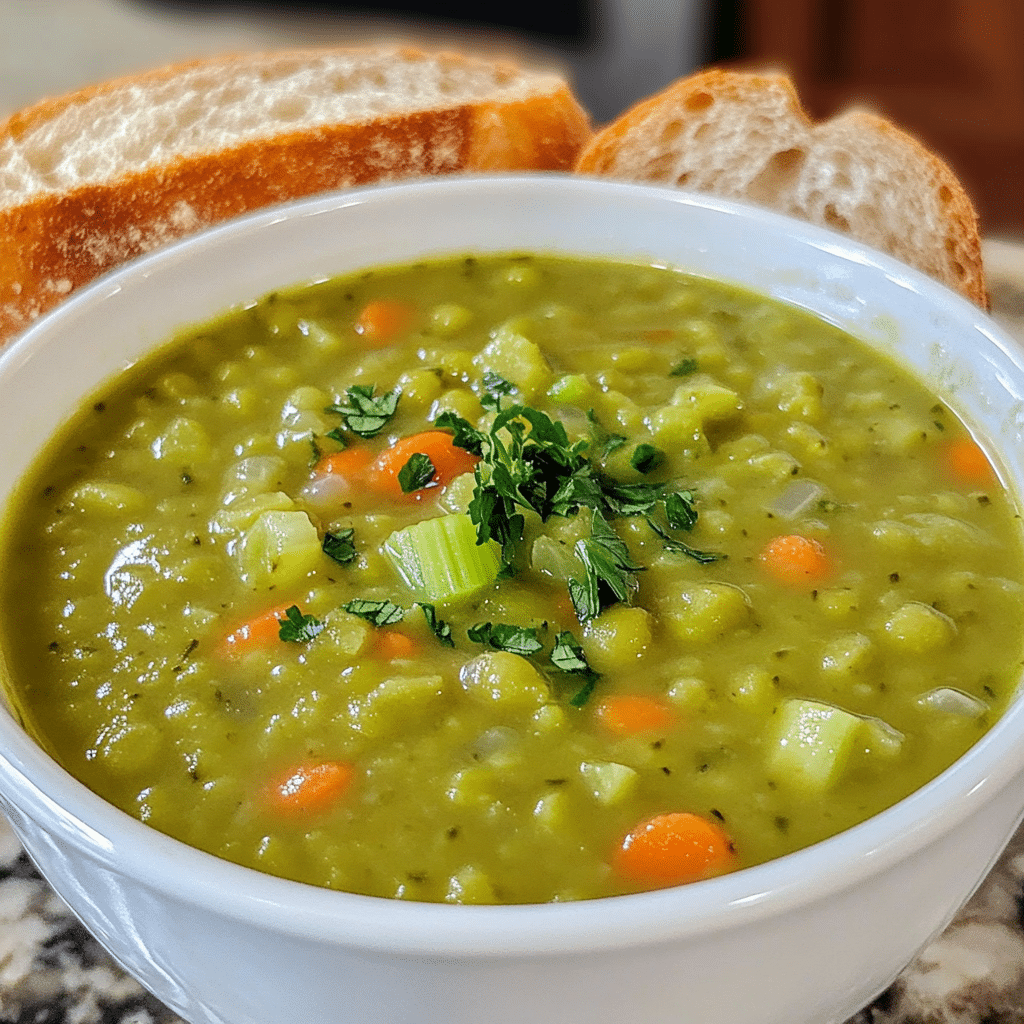 Bowl of vegetarian split pea soup with carrots and celery and parsley on top
