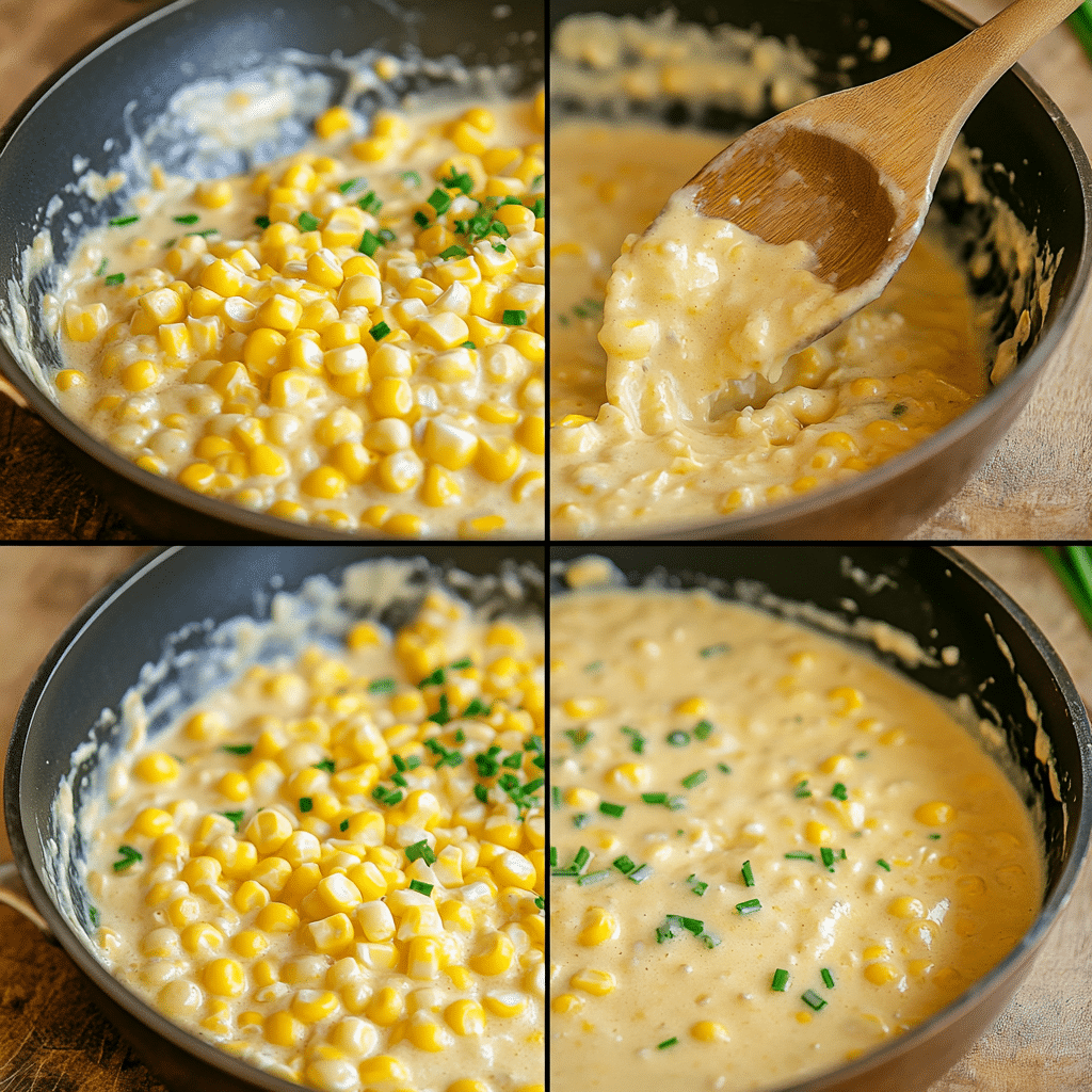 Four panel collage showing cooking corn in butter, adding dairy, thickening sauce, and serving creamed corn with chives