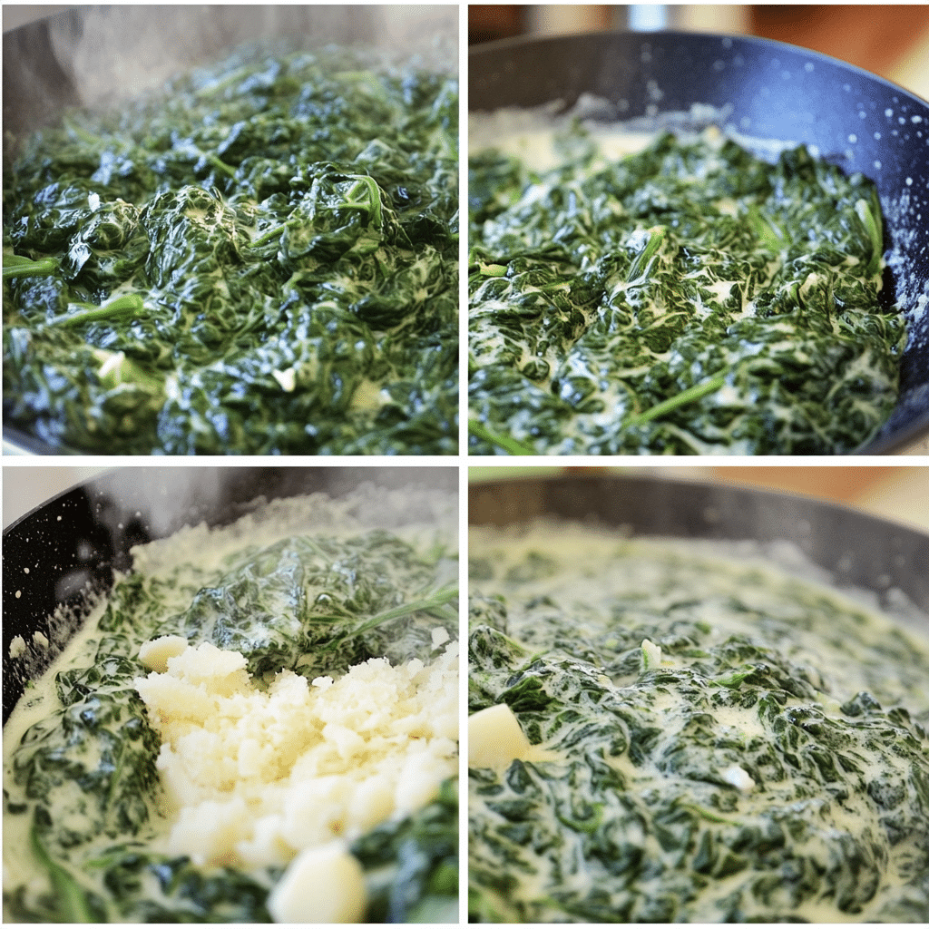 Four panel collage showing the steps for making creamed spinach
