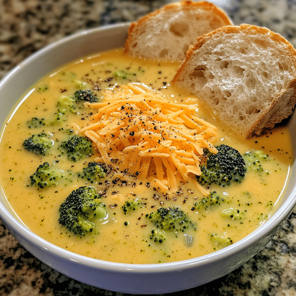 bowl of broccoli cheddar soup topped with shredded cheddar and black pepper
