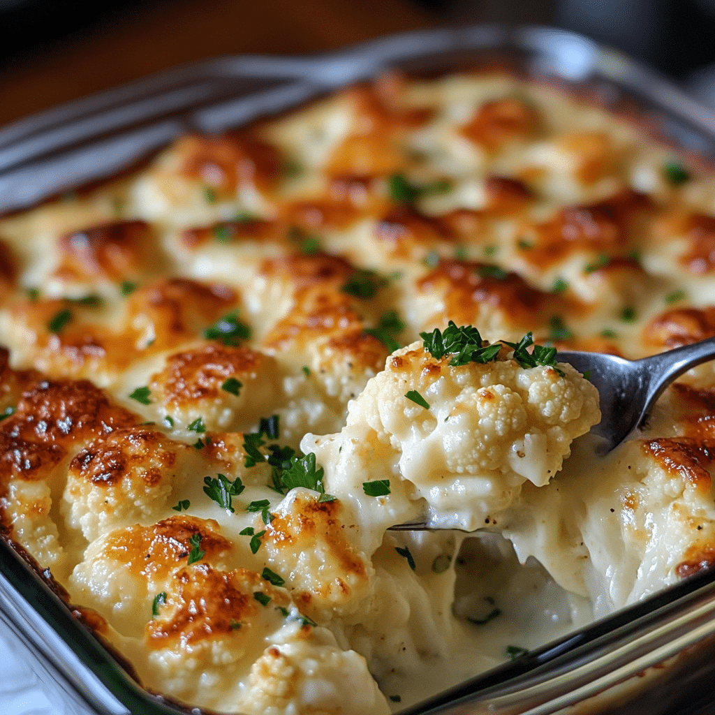 four panel collage showing steps to make cauliflower gratin