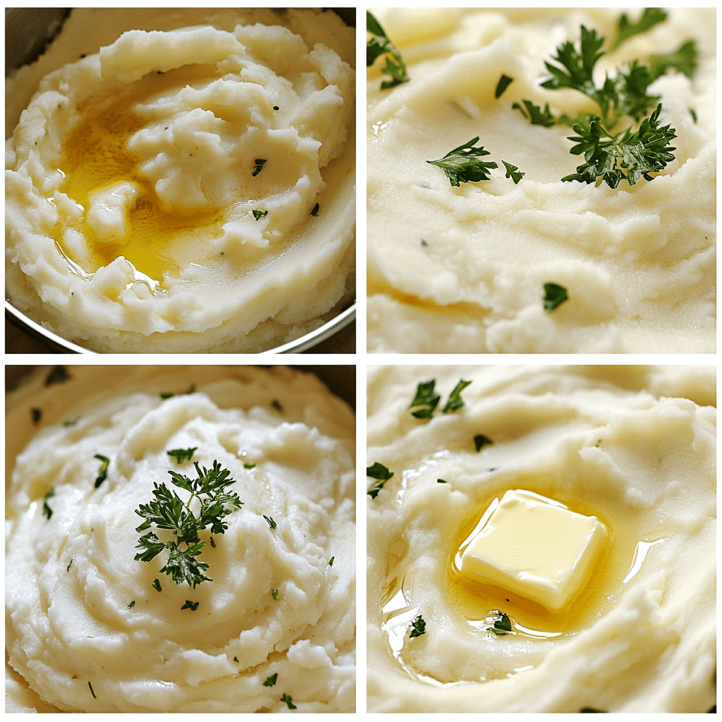 Four-panel collage showing the process of making creamy mashed potatoes