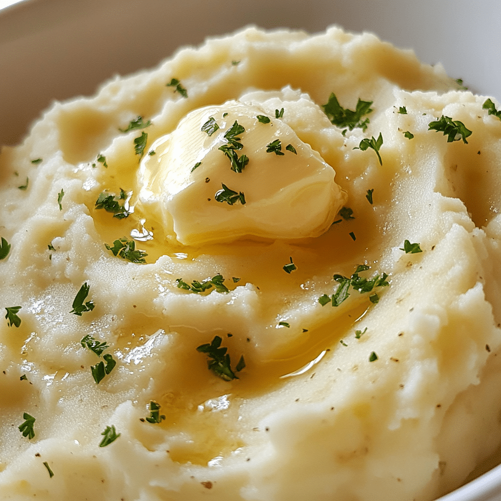 Close-up of creamy mashed potatoes with a dollop of butter and parsley