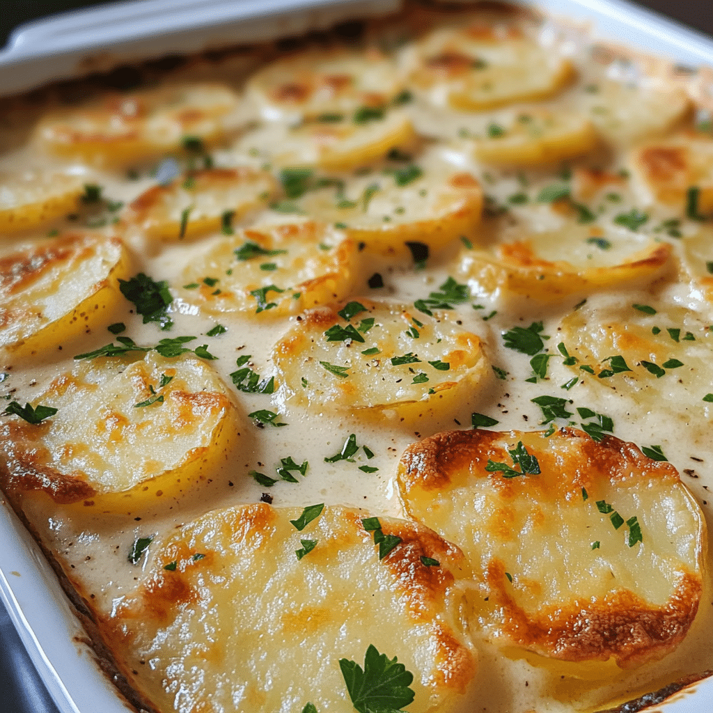 Scalloped potatoes in a baking dish with a golden browned top and creamy sauce